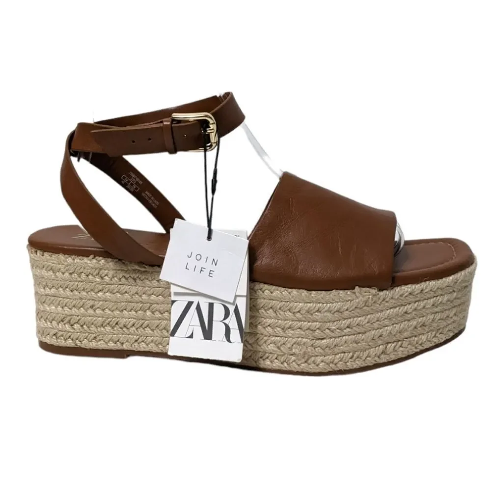 NWT ZARA Leather Ankle Wrap Platform Espadrilles 40